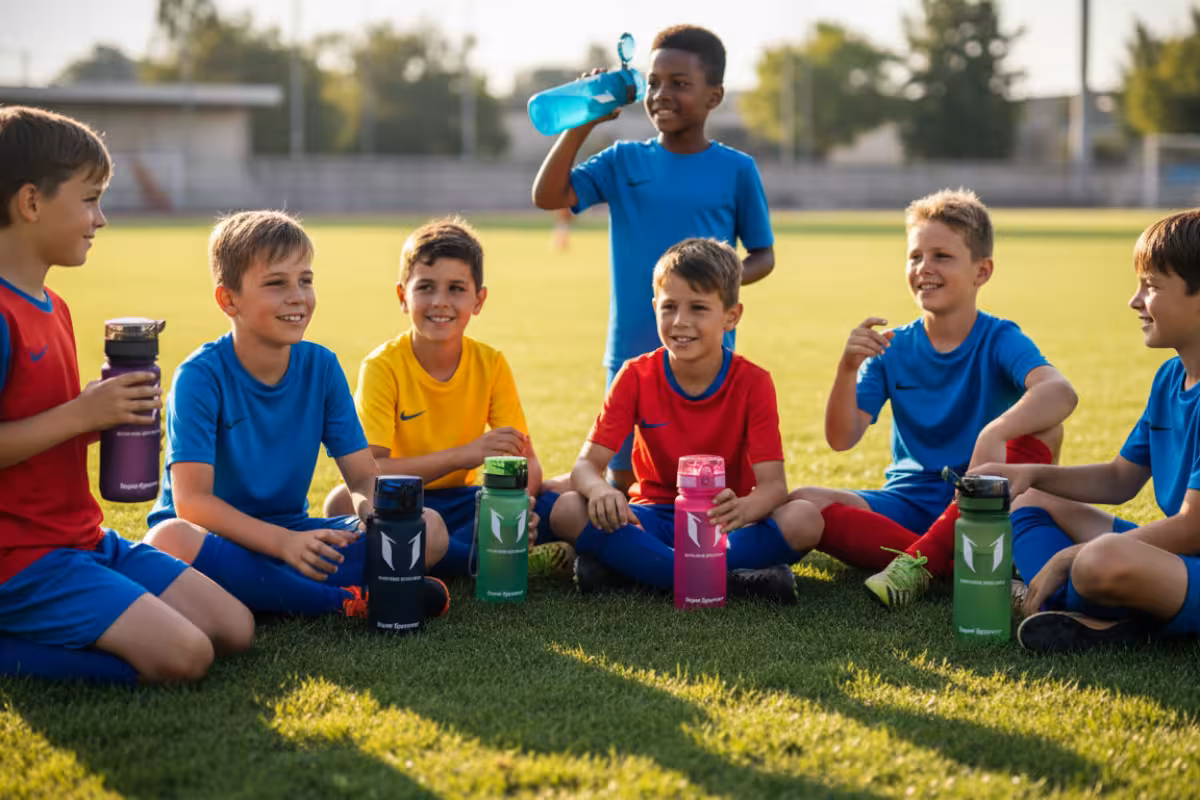 Jóvenes futbolistas compartiendo las botellas Super Sparrow en el campo